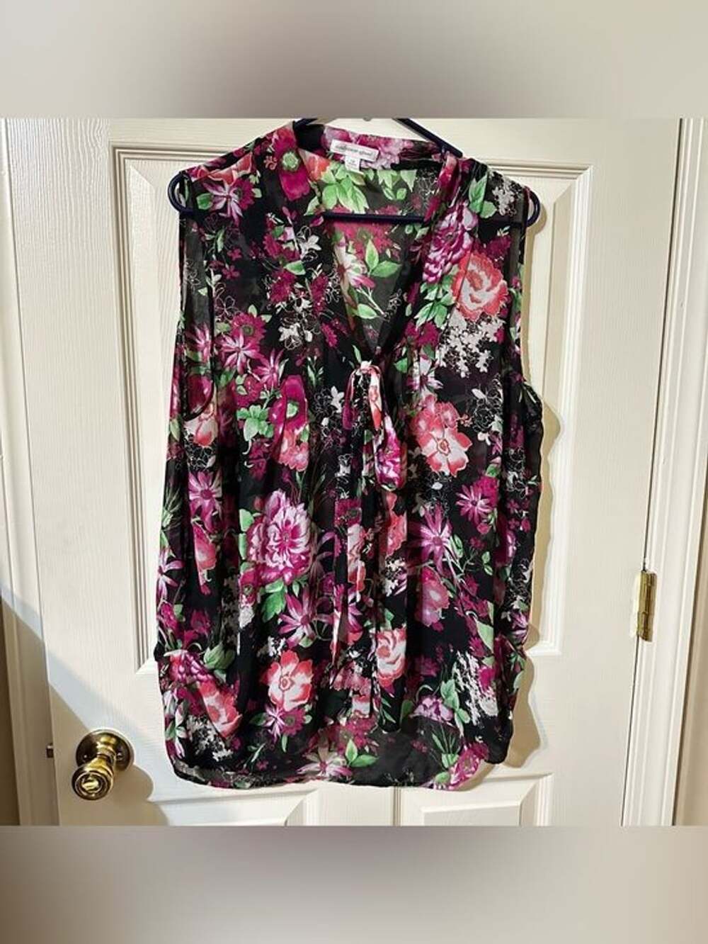 Floral Tie-Neck Sleeveless Blouse - Black with Pink & Green